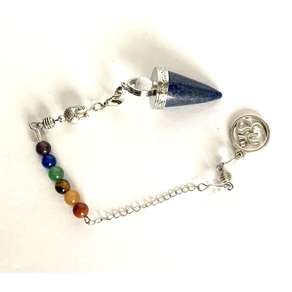 Lapis Lazuli Pendulum 7 Chakra Crystal Gemstones Buddha Face Om Handle - Picture 2 of 5